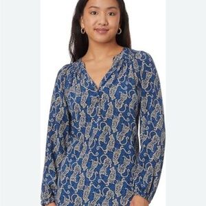 Lilly Pulitzer Elsa silk top in navy with fun cheetahs